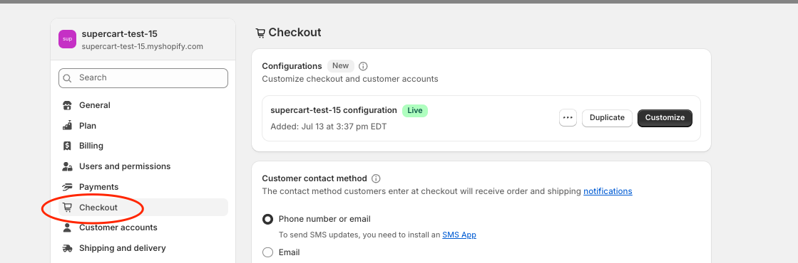Shopify Checkout Settings Tab