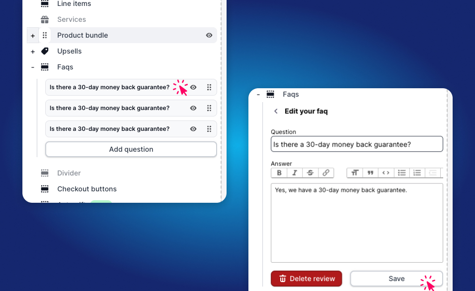 Cart FAQs Block Configuration in Editor