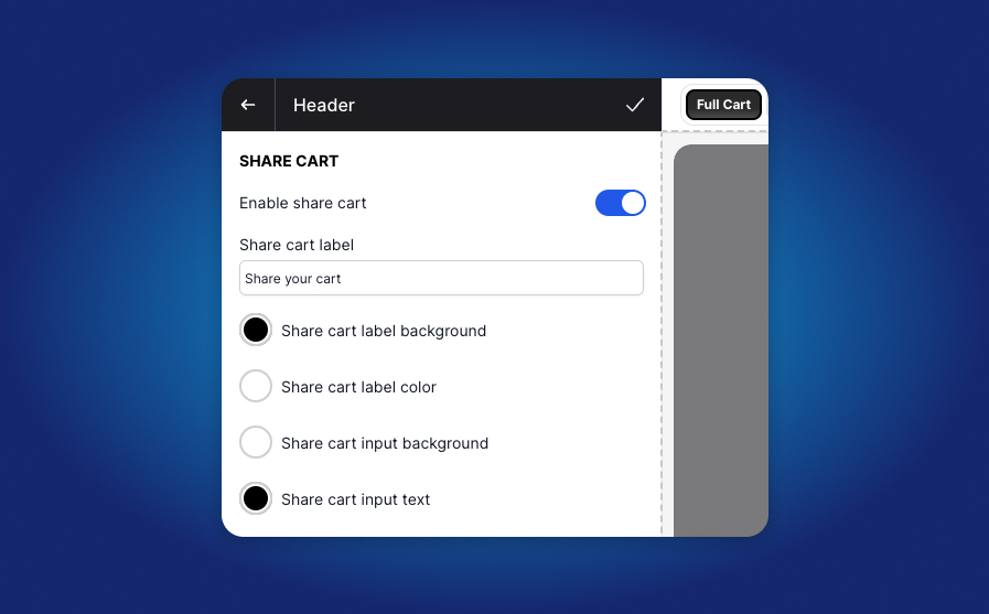 Enable Save or Share Cart in Drawer Header Settings